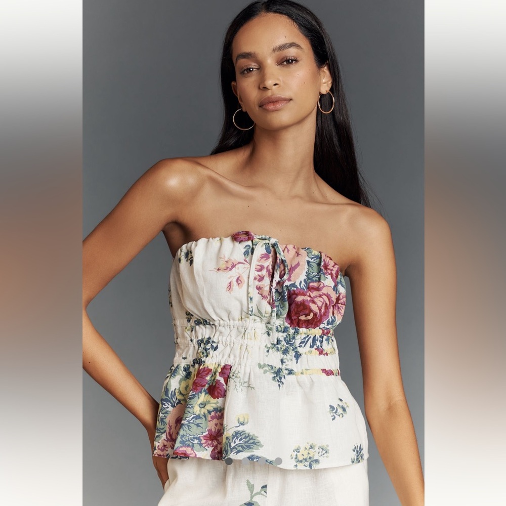 Floral Print Linen Strapless Top